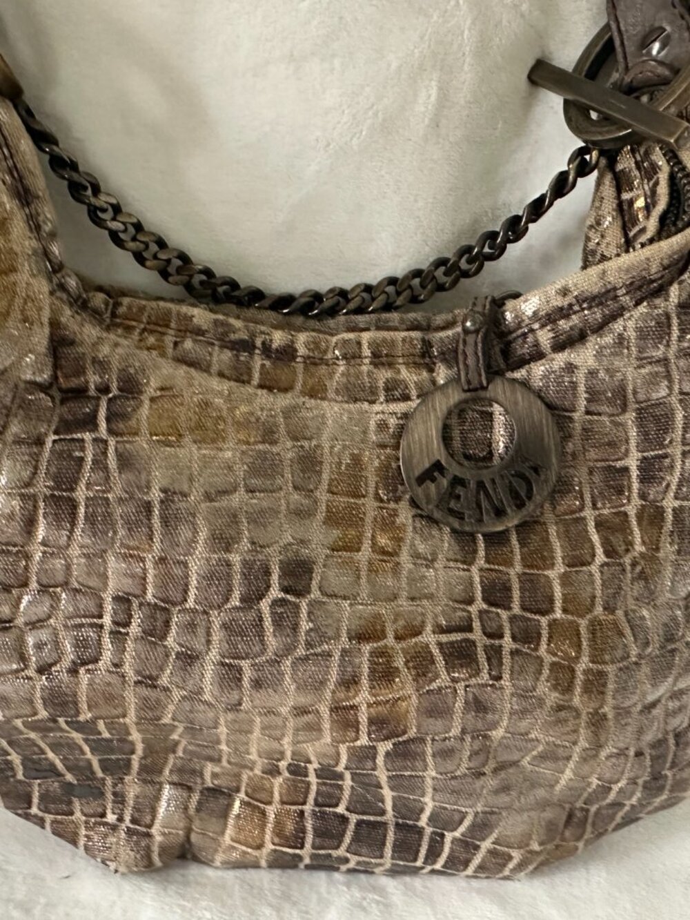 Fendi Metallic Croc Embossed Hobo Chain Strap Hologram Authenticated Well Loved - Picture 5 of 7